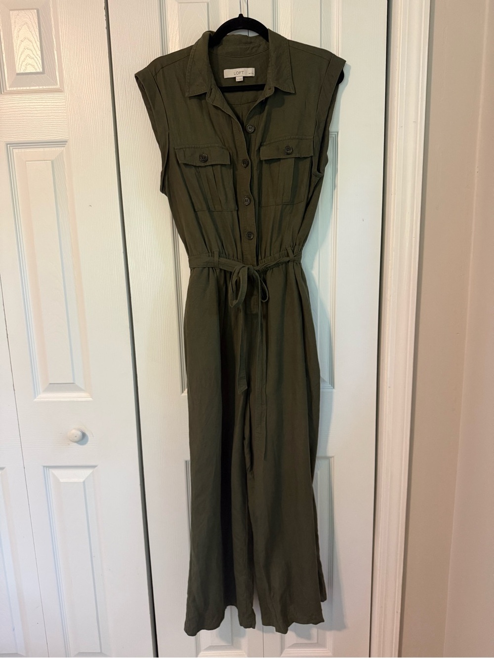 LOFT Olive Linen Utility Jumpsuit